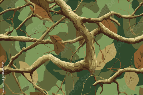 a camouflage pattern with an olive green color, composed of tree branches and leaves, is displayed on the background of the camouflage wallpaper. Real Tree Camouflage pattern. Hunting Camouflage.