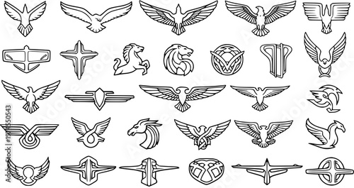 Stylized Line Art Emblems: Collection of Black and White Outline Eagle, Wing, Horse, Lion, and Dragon Badges for Aviation, Automotive, Military Logos.
