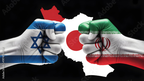 Israel vs Iran Fists Punching Map Conflict