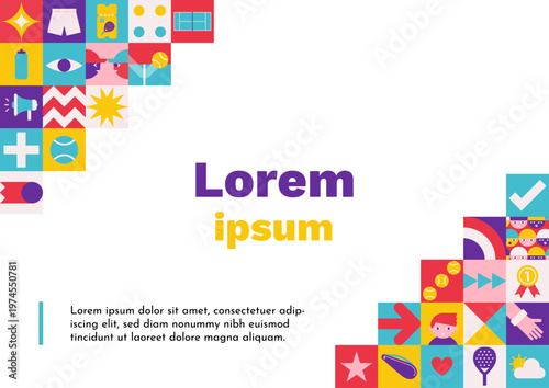 Vector flat horizontal poster A4 size with square abstract icons which are symbols of world padel championship or cup. Template with copy space, geometrical clipart for sport collection