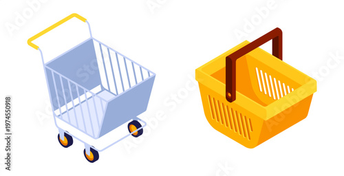 Metal shopping cart with plastic basket with single handle. Vector isometric retail and supermarket equipment for buying and consumer service. Trolley and holder for online store design