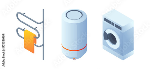 Bathroom interior elements. Vector isometric metallic towel dryer, electric water heater and washing machine. Home appliance and plumbing design. Infographics, presentations and web projects