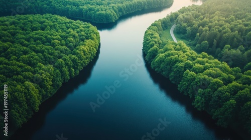 Majestic river curves through lush green forest from an aerial perspective showcasing natural beauty and serene landscapes