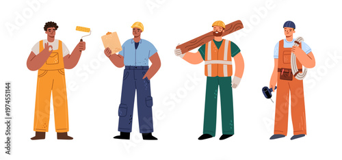 Engineers and renovation foremen, isolated set of men personages with tools and instruments. Vector in flat style, woodworkers and carpenters, painting walls and fixing electricity, electrician