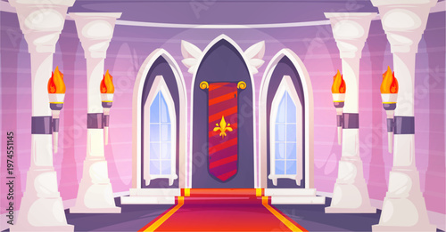 Grand entrance hall in cartoon style. Vector castle room arched windows, tall columns and torchlight, flag and carpet. Fantasy background for game cutscenes. Medieval stories or noble interiors