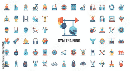Gym Training Icons Set: Fitness Equipment, Exercise Machines, Weights & Sports Gear