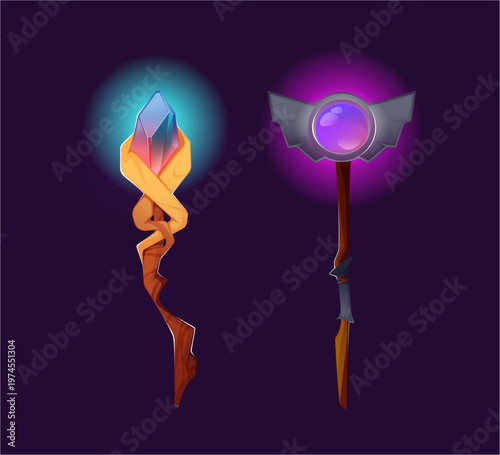 Magic staffs, cartoon set of warlock branch weapons. Vector ancient crooked wooden rods with glowing gems on top. Wizard or witch sticks with light symbolizing wisdom, evil power, mystical abilities