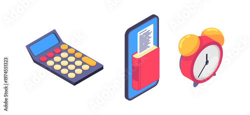 Educational supplies, isometric calculator, alarm clock and digital reader. Vector time management, technology and academic planning. School or university. Online learning and education
