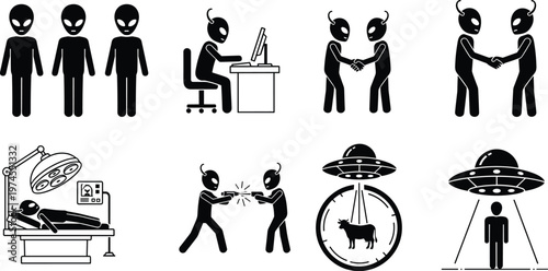 Alien stick figure icon set showing ufo abduction cow tractor beam space creature handshake office computer and operating table experiment