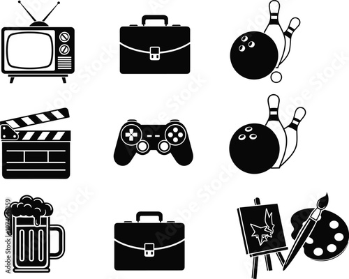 Leisure entertainment icons, retro television silhouette, movie clapperboard graphic, video game controller design, bowling ball pins, beer mug illustration, artist easel concept