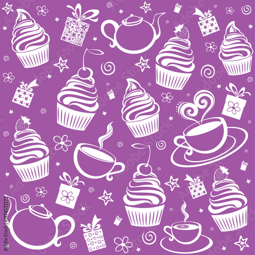 Tea and cake seamless pattern. Menu design. Good for textile fabric design, wrapping paper, website wallpapers, textile, wallpaper and apparel. Vector  Illustration 