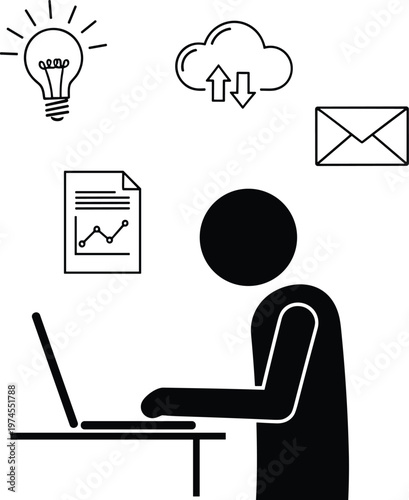 Stick figure working on laptop analyzing data charts, brainstorming ideas, using cloud computing storage, and managing business email communication.