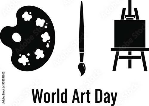 World art day icons showing painter palette brush and wooden easel kit