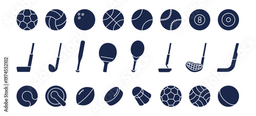 Sports icons silhouettes set. Vector soccer ball and basketball, golf and hockey puck, tennis racket and ping pong paddle. Sticks for hockey, golf and American football in monochrome style