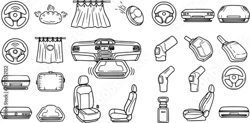 Automotive Car Parts and Interior Accessories Black  White Line Art Icon Set. Outline symbols for vehicle elements, steering wheels, seats, dashboard, and keys.
