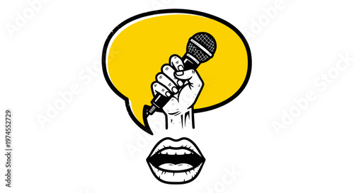 A hand holding microphone in speech bubble.