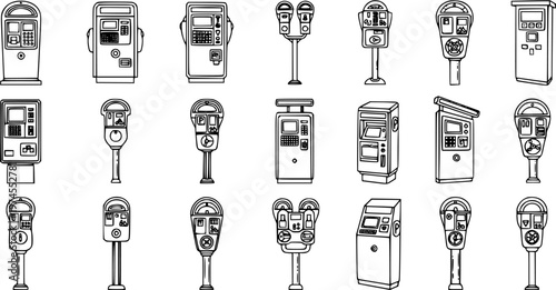 Black and White Line Art Set of Parking Meters and Payment Machines. Urban Transportation  City Service Icons Collection.