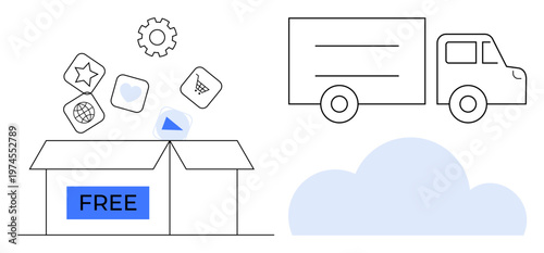 Digital marketing, e-commerce, cloud storage, logistics, technology, content delivery. Open box labeled free with icons, a cloud and a truck. Digital marketing and e-commerce symbol