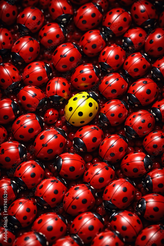 Fototapeta premium Yellow ladybug among red ladybugs representing uniqueness and contrast