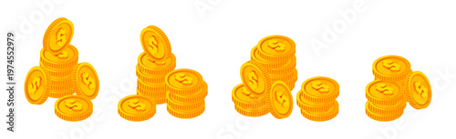 Money and wealth, gold and financial assets. Vector isolated stacks of golden coins with dollar signs. Metal symbol of richness and good economic budget. Savings, budgeting, or emergency funds
