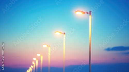 Streetlights illuminated brightly on a sunny day, highlighting energy waste in urban landscapes with motion blur effect.