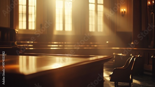 Sunlit Courtroom Interior with Focus on Legal Justice and Advocacy in a Traditional Setting