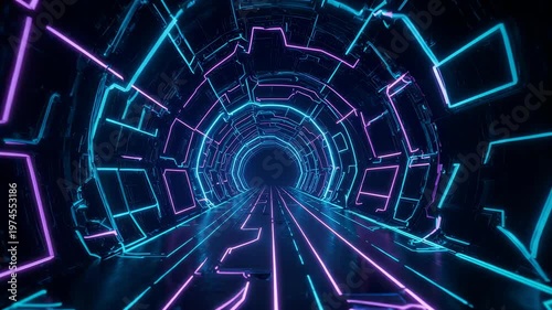 Futuristic Cyber Tunnel with Glowing Neon Blue and Pink Lines, Abstract Digital Technology Background Loop