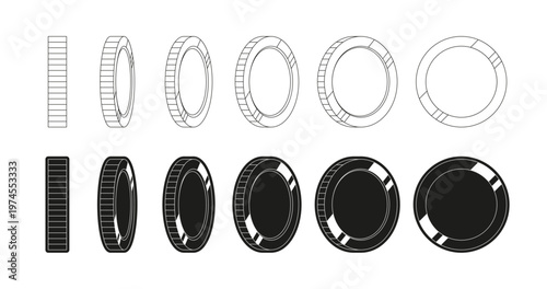 Monochrome coins in various pointview, lottery element. Vector isolated icon of chips for gambling games. Lotto entertainment and gambler activity in casino. Success and profit, prize for winning