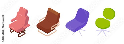 Rocking chairs and office seats on sleek metal legs. Vector isometric collection of stylish furniture. Comfort and ergonomic armchairs set. Soft rockers for home, workspace or lounge interiors