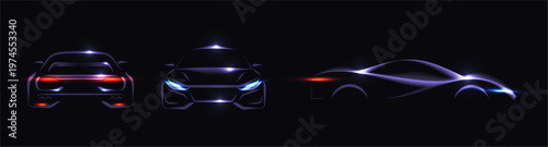 Realistic car silhouette with lights. Vector front, rear and side views. Modern or sporty vehicle design. Automotive branding, catalog and interface icons, transport visualization and presentation