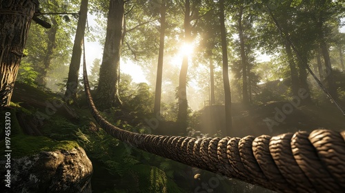 Thrilling zipline adventure through lush green forest canopies with sunlight beams filtering through dense trees