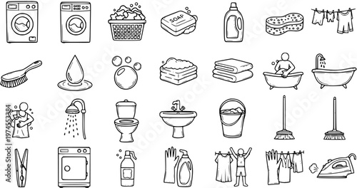 Hand-drawn line art icon set for household cleaning, laundry, and bathroom hygiene with doodle symbols of domestic chores and amenities.