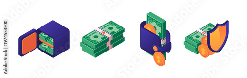 Business and finance isometric icons collection. Vector isolated bank safe and wads of cash, wallet with banknotes and money protection. Management and investments, saving and earning