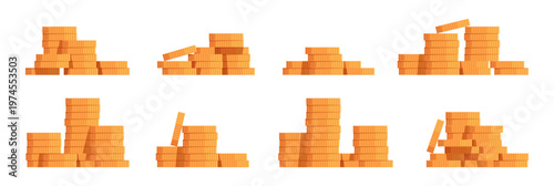 Financial assets and savings, isolated pile of dollar coins. Vector stacks of gold, wealth and richness. Economic stability and earnings, investment and banking account with money in cash