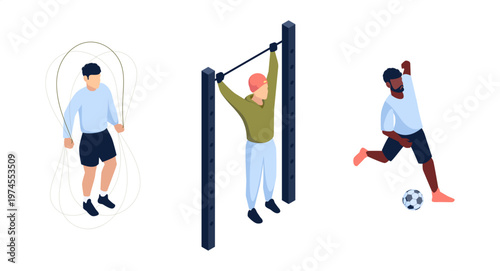 Male characters performing outdoor exercises. Vector isometric men jumping rope, ball workouting and pulling up. Sports training, fitness and healthy lifestyle, physical activity and body strength