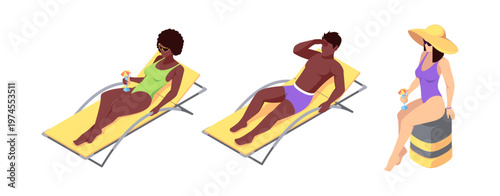 Beach relaxation. Vector isolated characters resting on sun loungers, drinking cocktails and enjoying summer vacation. Woman sitting on raised beach platform. Summer travel and seaside lifestyle