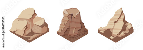 Rocky blocks and massive stone formations set. Vector isolated isometric mountains. Landforms with geological structure and terrain composition. Nature construction and environment modeling