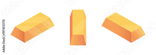 Gold bars set. Vector isolated isometric shiny metallic pieces showing wealth and luxury. Financial assets and richness. Precious stones, savings and richness. Economic stability and growth