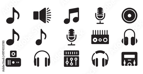 Studio recording equipment and musical note symbols for professional audio production work.