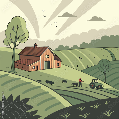 Rural farm landscape illustration with barn grazing cows farmer tractor