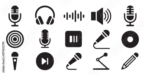 Set of audio and sound icons with various music related symbols and media player buttons.