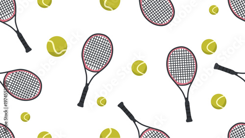 Seamless pattern featuring pink-framed tennis rackets with black handles and white strings, scattered lime-yellow tennis balls on white background. Vector illustration