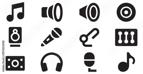 Minimalist audio and sound symbols pack featuring music notes microphone and headphone sign.