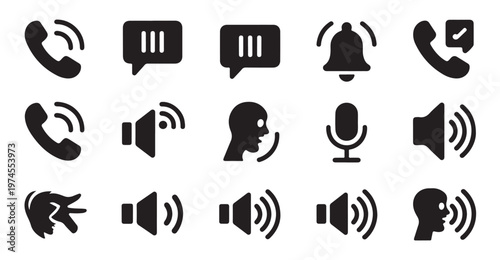 Communication and voice control icons featuring phone call speaker and message bubble signs.