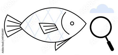 Seafood quality. Black and white fish with magnifying glass seafood quality checks and analysis. Seafood quality for sustainability, fishing methods, and research. Ideal for food safety