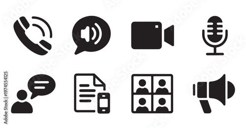 Video conference icon set for virtual business meetings and online communication technology.