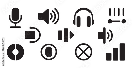 Minimalist audio control icons featuring sound adjustment and media player interface elements.