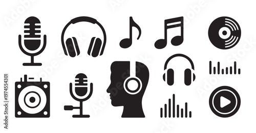 Professional studio recording silhouette icons for music industry and podcasting equipment.