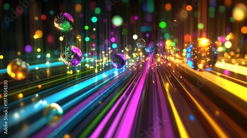 Vibrant, multicolored lines and spheres zoom towards a dark background