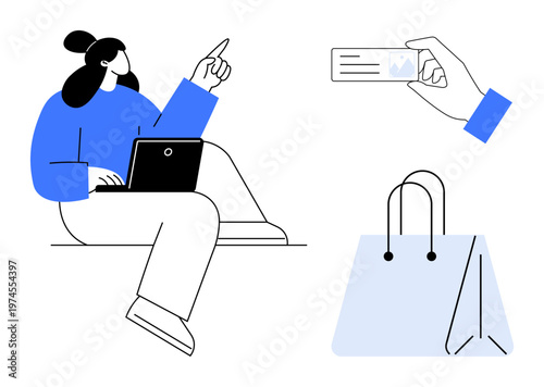 E-commerce, digital identity, online payment, retail technology, consumer behavior, virtual transaction. Person working on a laptop, hand holding a credit card shopping bag. E-commerce and digital